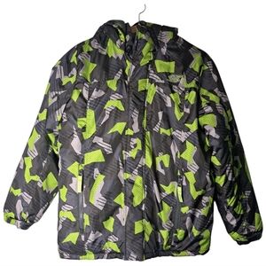 Skechers Boys 14/16 Hooded Puffer Jacket Gray Green Geometric Print